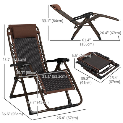 Outdoor Zero Gravity Chair, Folding PE Rarran Reclining Patio Lounge Chair with Recline Back, Headrest, Footrest, for Poolside, Garden, Brown