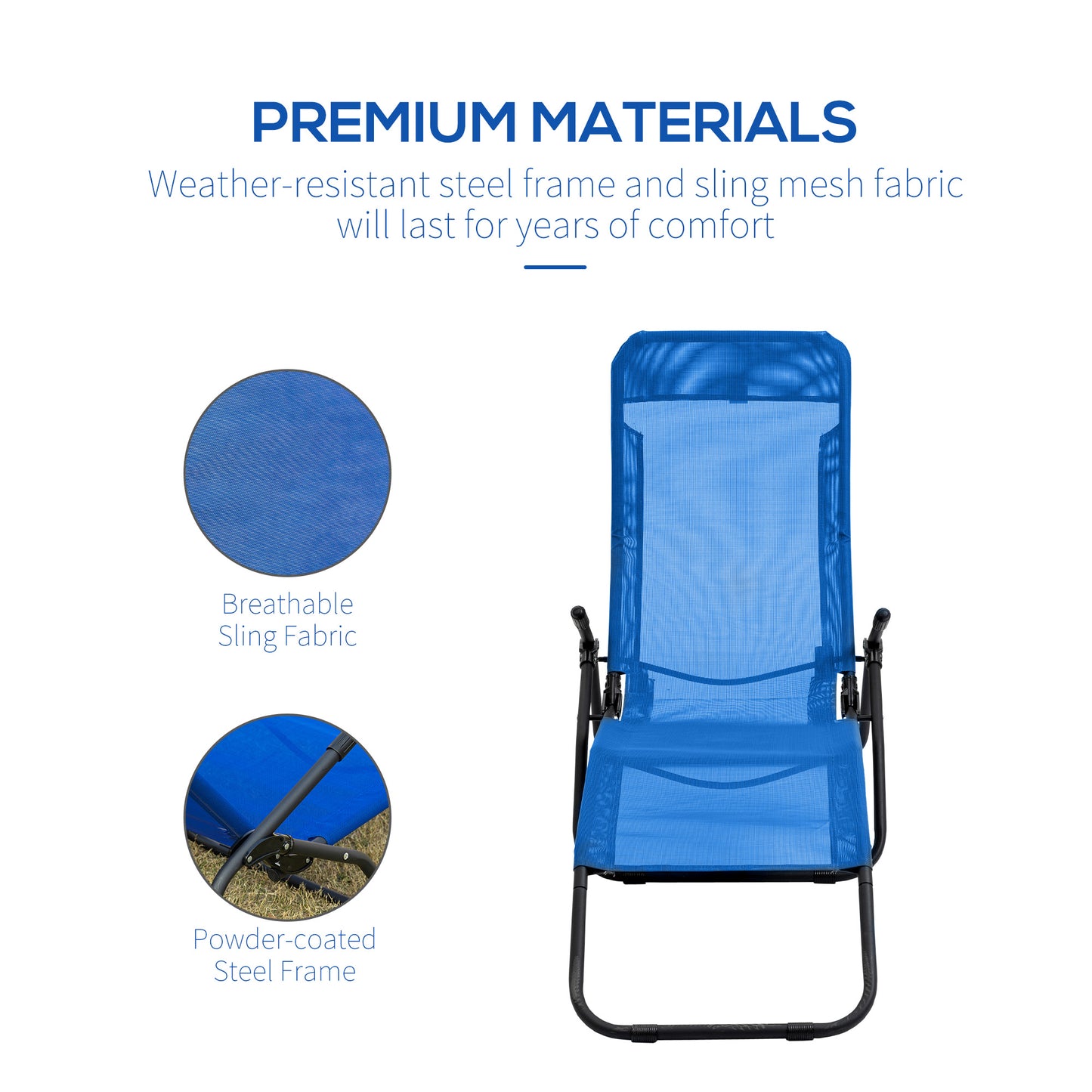 Foldable Patio Lounge Chair, Outdoor Beach Lounger with Breathable Mesh Fabric, Zero Gravity Chair with Reclining, Footrests, and Armrests, for Garden, Pool, Blue