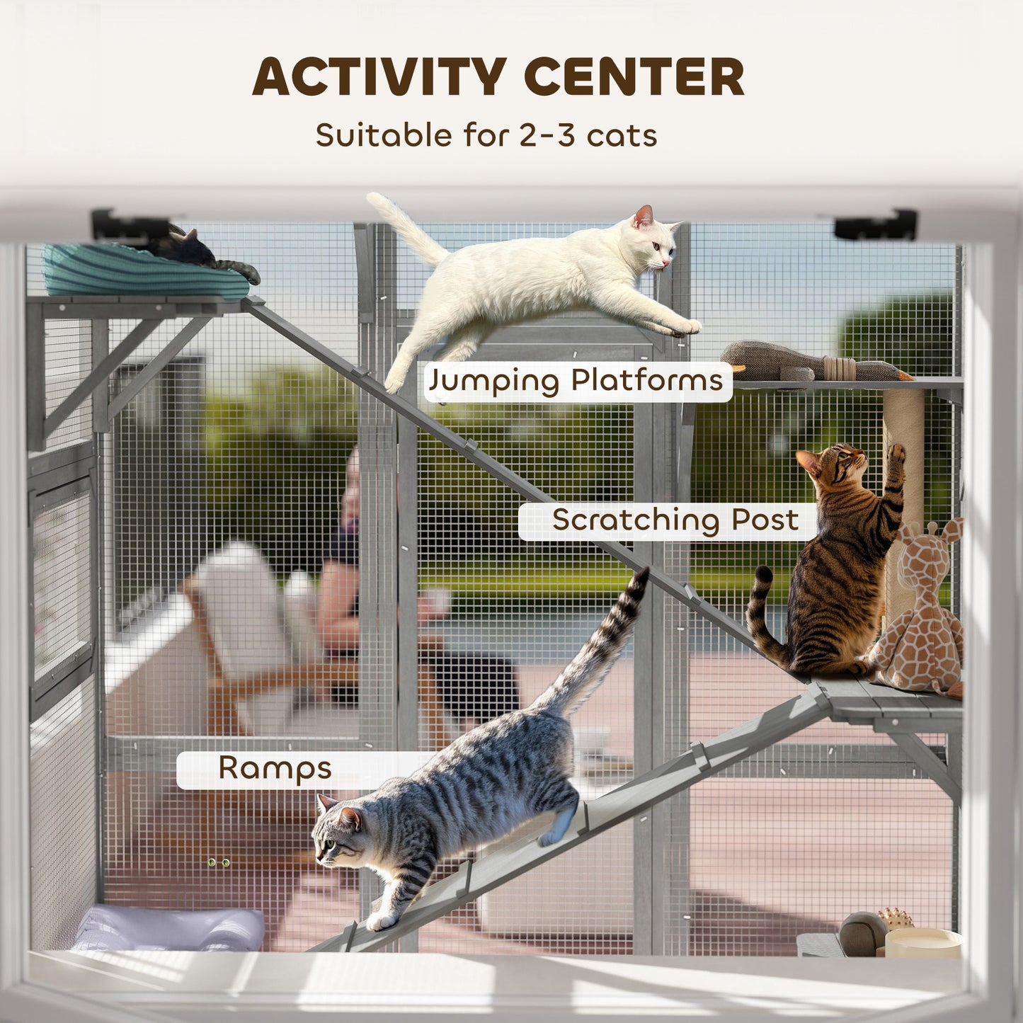 Large Outdoor Catio with 6 Jumping Platforms, Scratching Post, 2 Ramps, Waterproof Roof, Grey