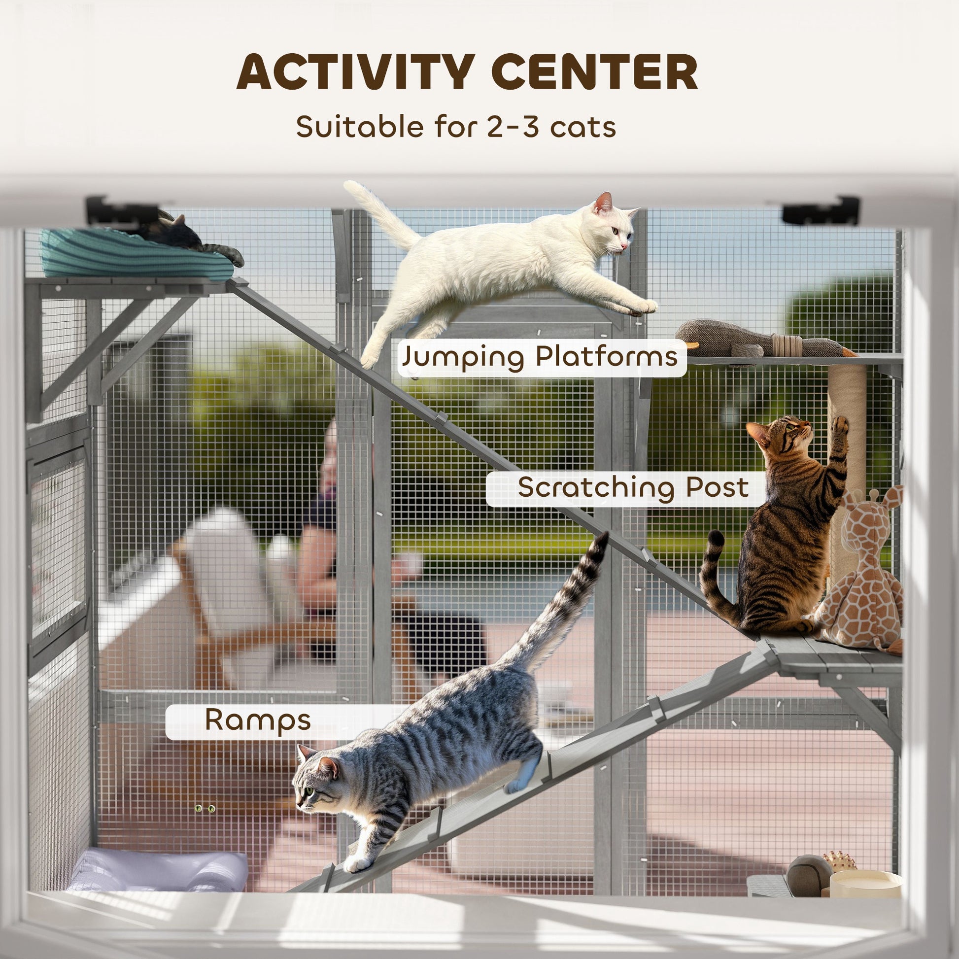 Large Outdoor Catio with 6 Jumping Platforms, Scratching Post, 2 Ramps, Waterproof Roof, Grey