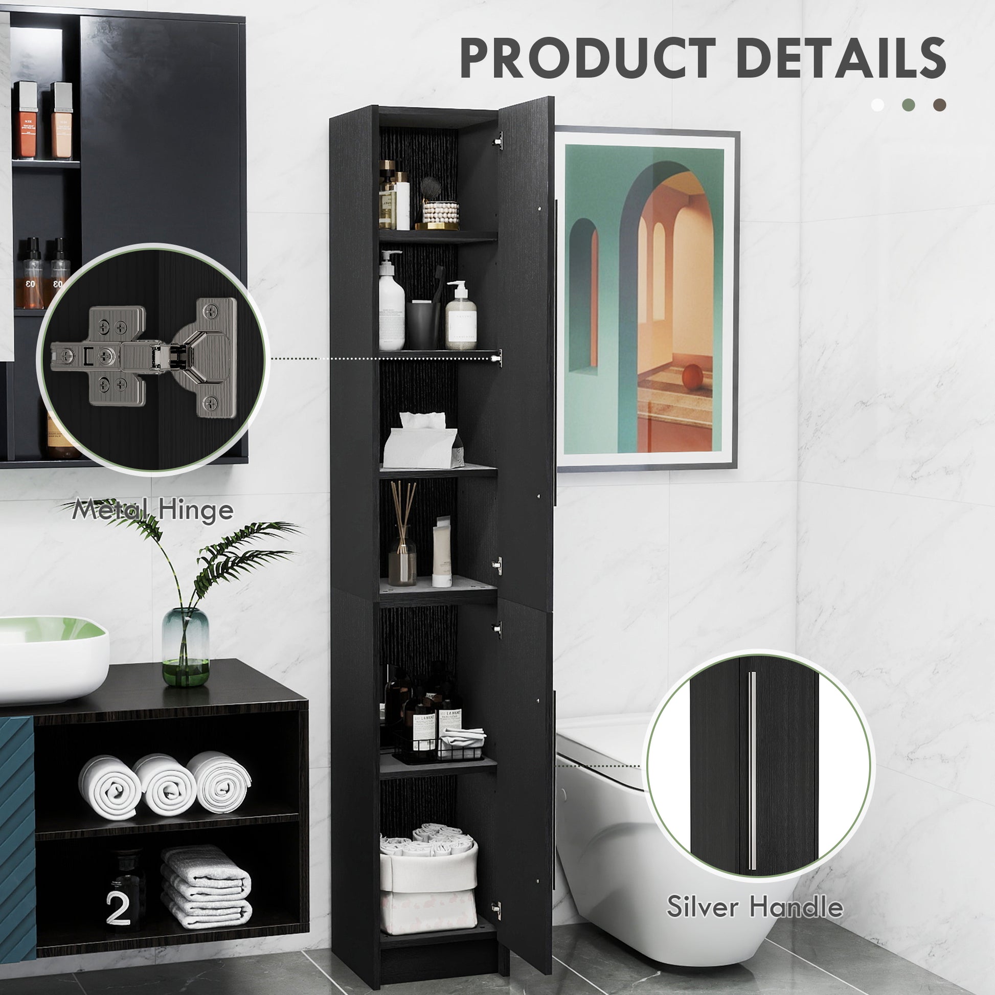 Freestanding Tall Bathroom Storage Cabinet with Adjustable Shelves, Bathroom Organizer, Black Wood Grain