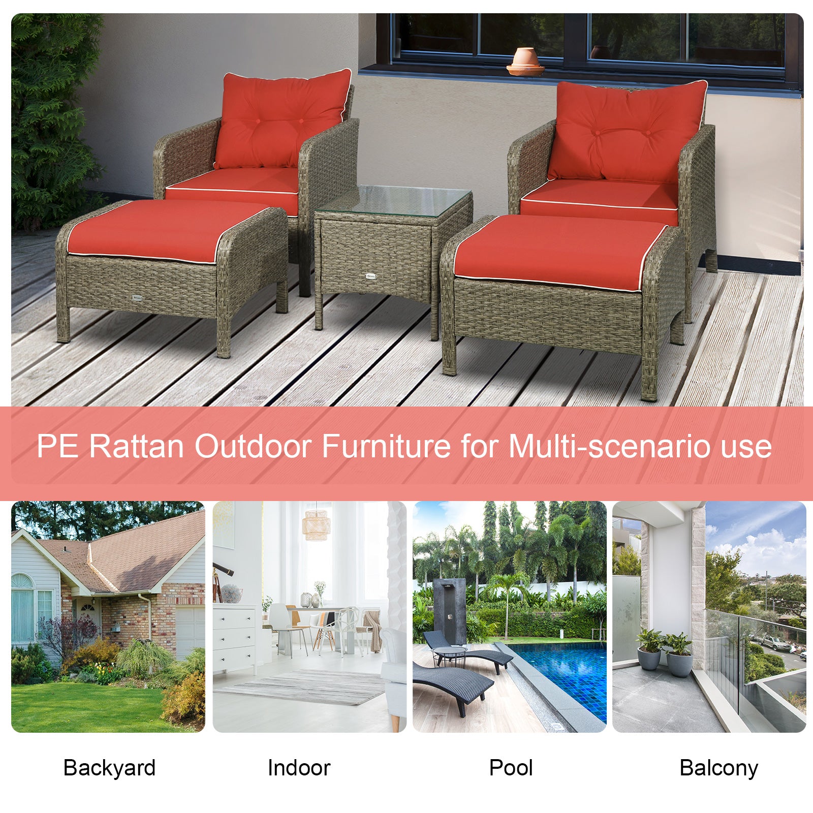 5 Pieces Wicker Patio Furniture Sofa Set Thick Padded Cushions, Outdoor PE Rattan Conversation Coffee Set with Armchairs, Footstools and Glass Top Table, Red