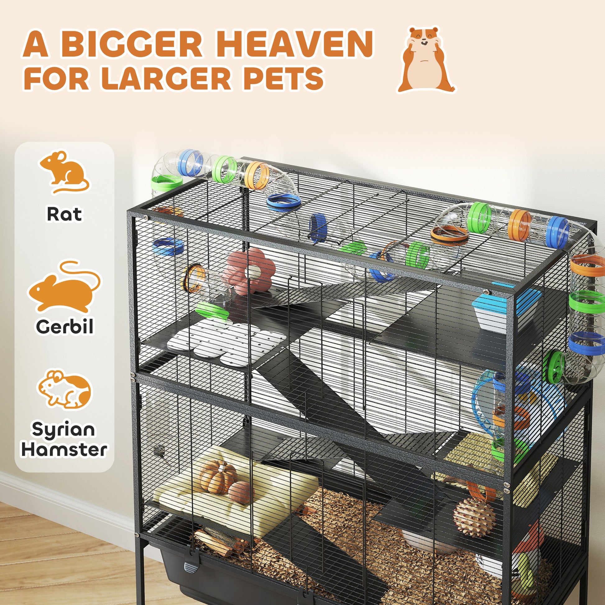 5 Tier Rolling Hamster Cage with 7" Deep Tray, Storage Shelf, Big Exercise Wheel, Tube System, for Syrian, Gerbil, Rat