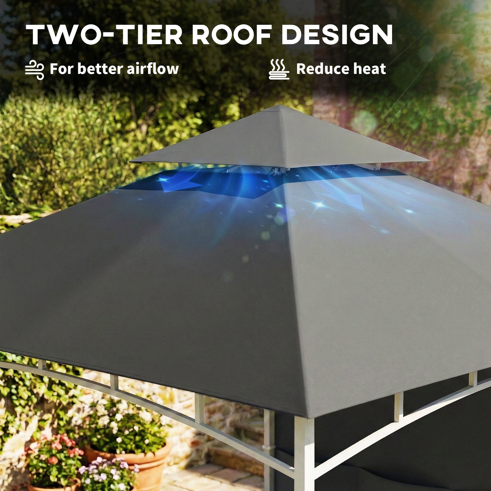 10' x 10' Patio Gazebo, Double Roof Outdoor Gazebo Canopy Shelter with Storage, Hook, Metal Frame, Dark Grey
