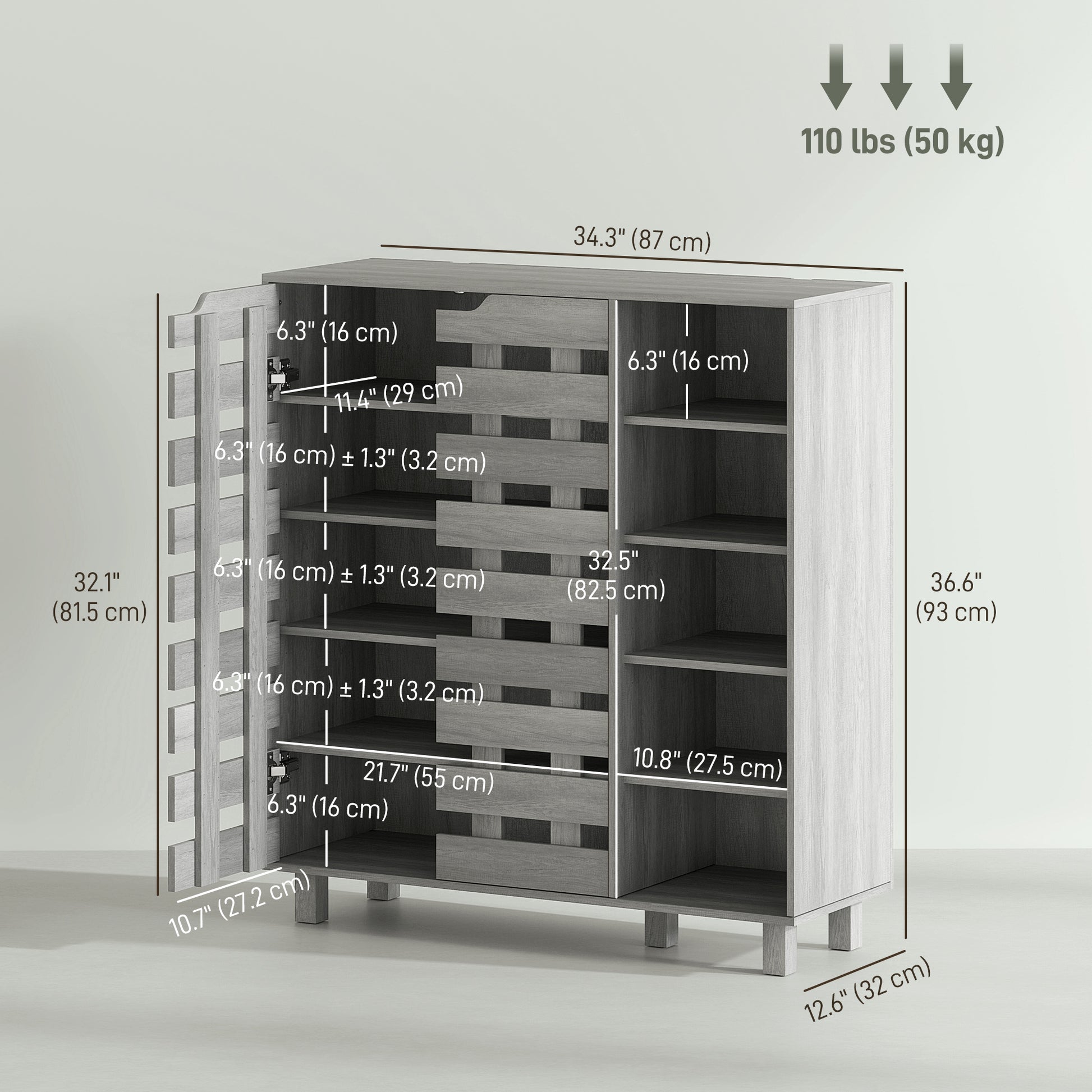 Shoe Cabinet, 21 Pair Shoe Storage Cabinet Organizer with 5-tier Double Door Cabinet and 5-tier Open Shelves, Light Grey