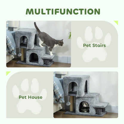 4-Step Pet Stairs, Adjustable Height Cat Stairs with Scratching Posts Cat Condo, Hanging Ball for High Bed, Grey