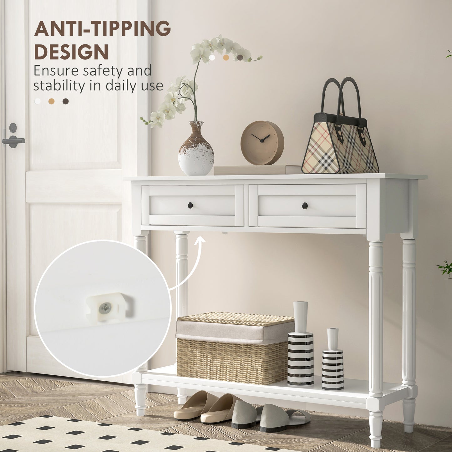 Hallway Console Table, Modern Entryway Table with 2 Drawers, Storage Shelf, Turned Legs for Living Room, Bedroom, White