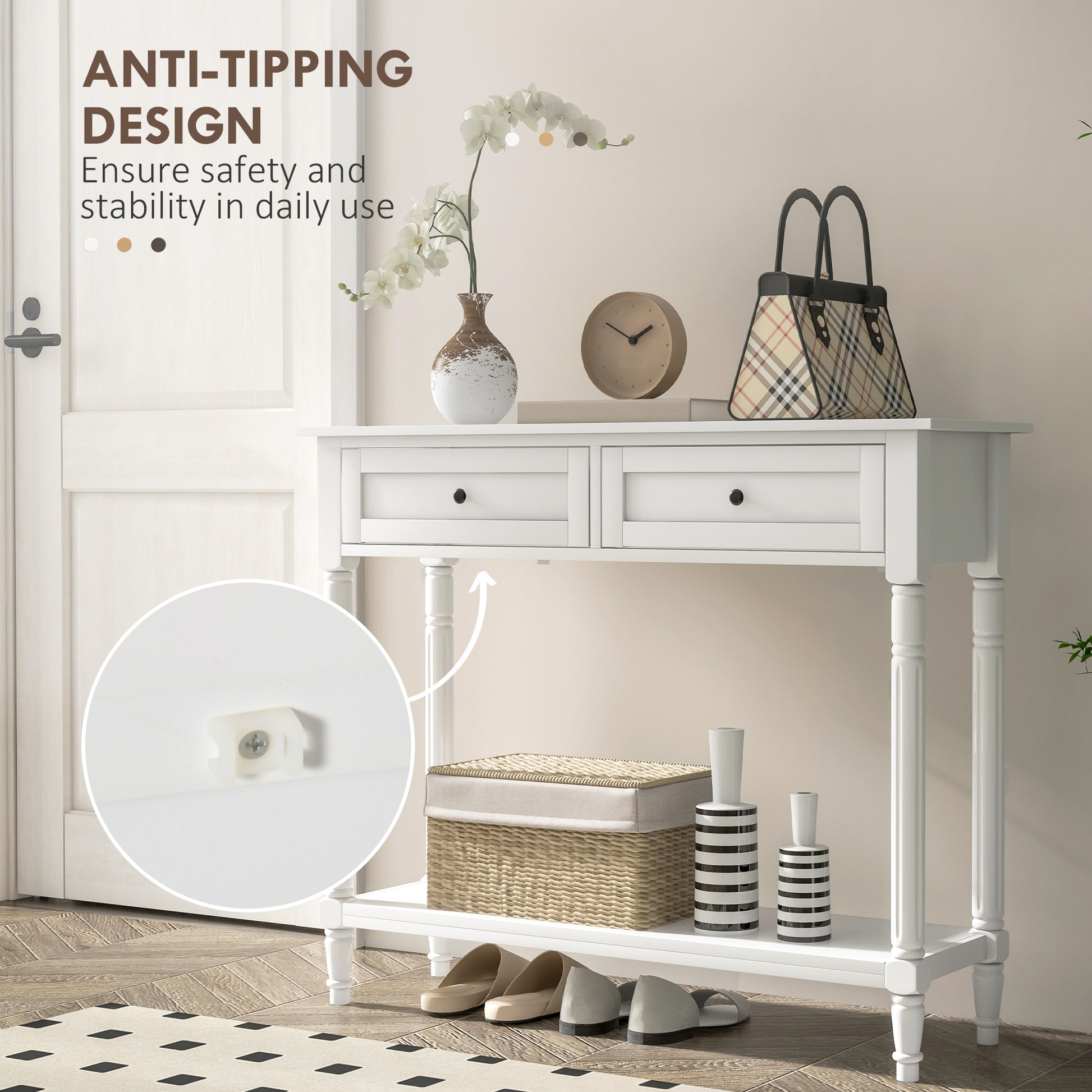 Hallway Console Table, Modern Entryway Table with 2 Drawers, Storage Shelf, Turned Legs for Living Room, Bedroom, White