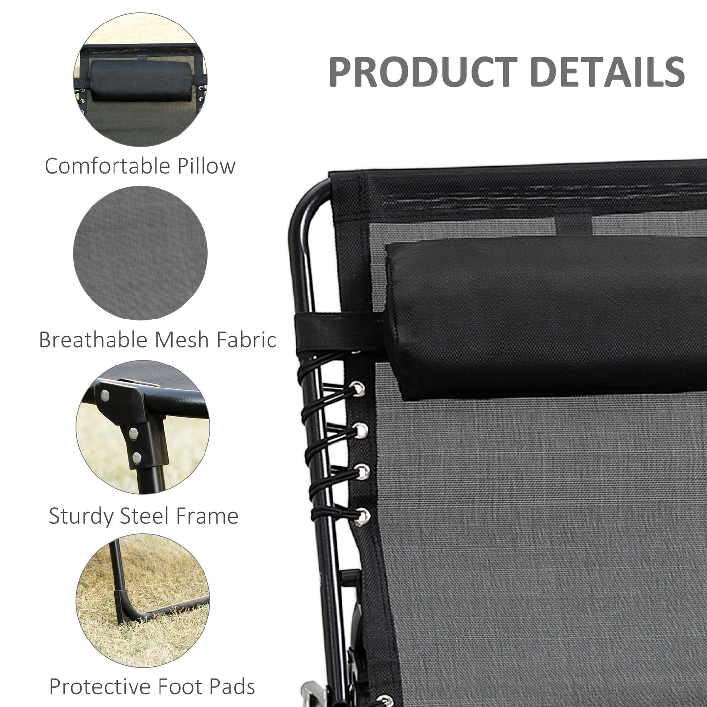 Outdoor Folding Chaise Lounge, Reclining Lounge Chair with Adjustable Backrest and Removable Pillow, Black