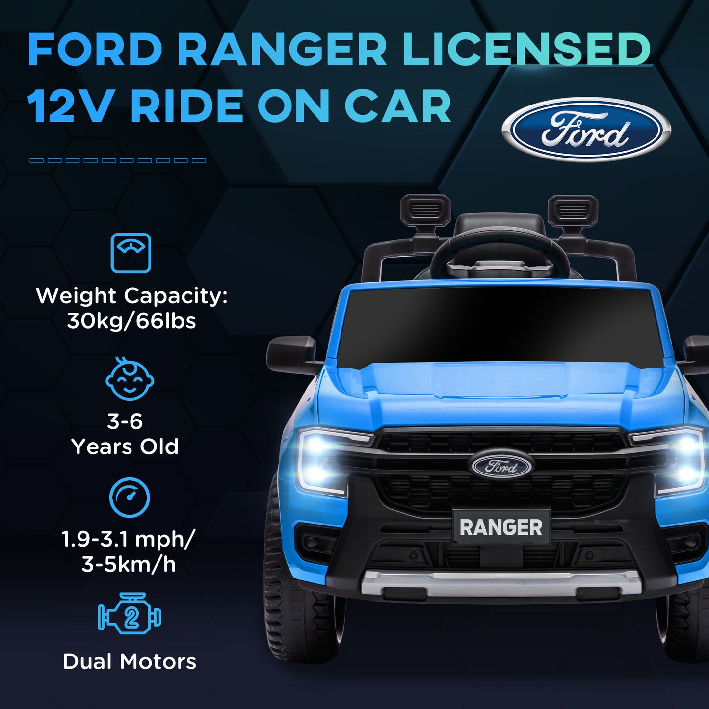 Qaba Ford Ranger Licensed 12V Ride on Car Battery Powered Kids Truck w/ Rear Storage Remote, Spring Suspension, Blue