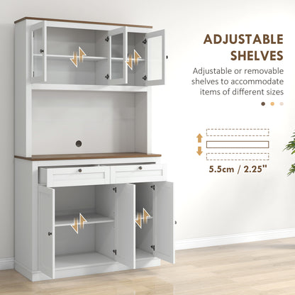 71" Pantry Cabinet with Microwave Space, Buffet with Hutch, 2 Drawers, Adjustable Shelves and Glass Doors, White