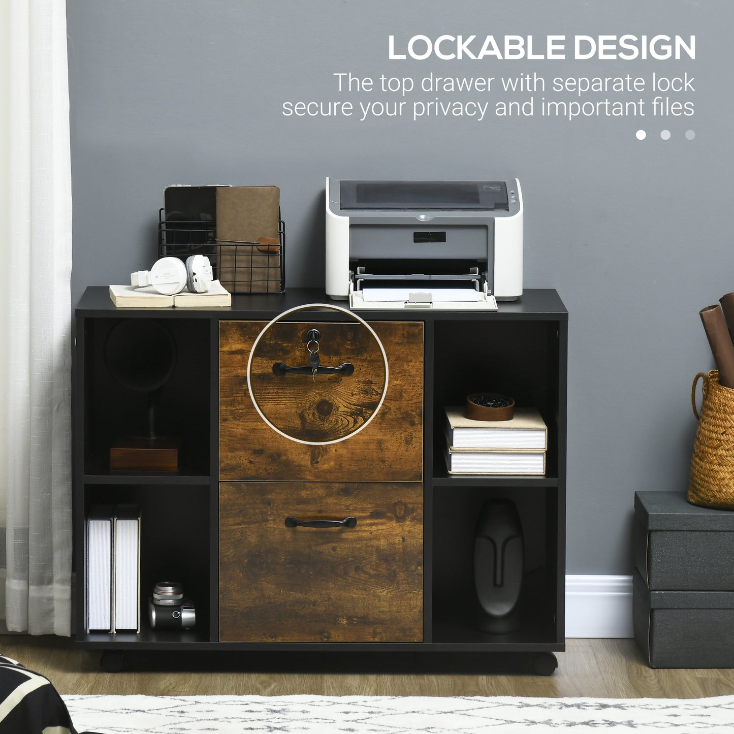 Lateral Filing Cabinet with Wheels and Lockable Drawer, File Cabinet, Mobile Printer Stand with Open Shelves for Letter and A4 Size Documents for Home Office, Rustic Brown