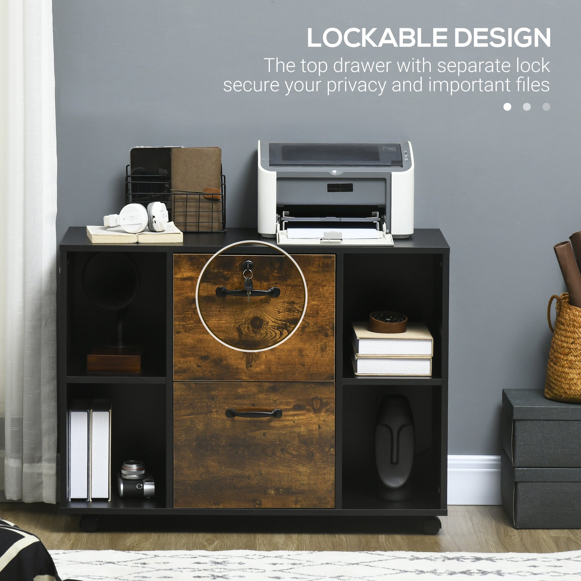 Lateral Filing Cabinet with Wheels and Lockable Drawer, File Cabinet, Mobile Printer Stand with Open Shelves for Letter and A4 Size Documents for Home Office, Rustic Brown