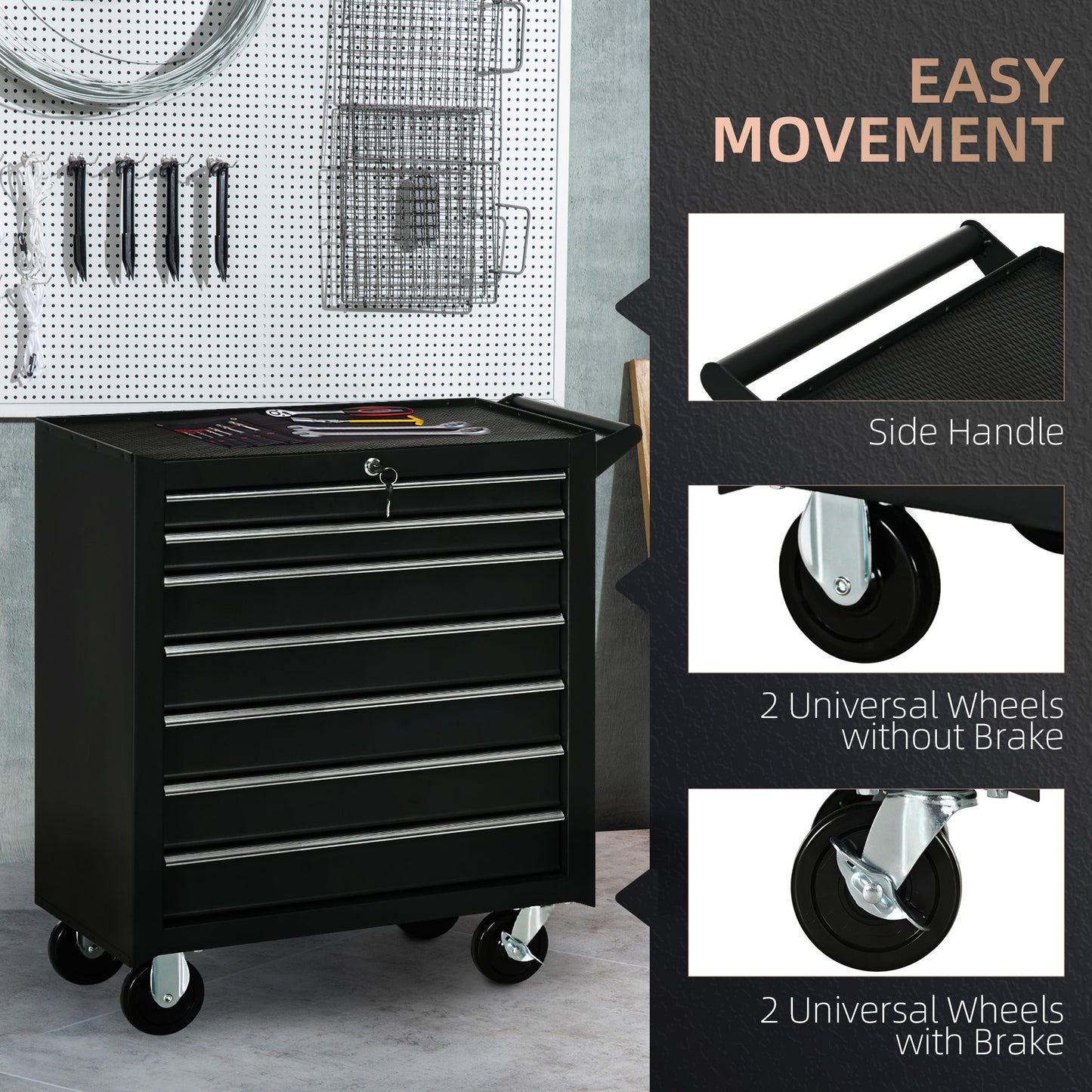 Mobile Lockable Toolbox, 7 Drawer Tool Chest, Storage Organizer with Handle for Workshop, Mechanics, Garage, Black