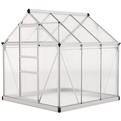 6' x 6' x 6.6' Polycarbonate Greenhouse, Walk-In Green House Kit Garden, Plants Grow, Galvanized Sheet Aluminum Frame with Rain Gutter, Vent and Sliding Door, Silver