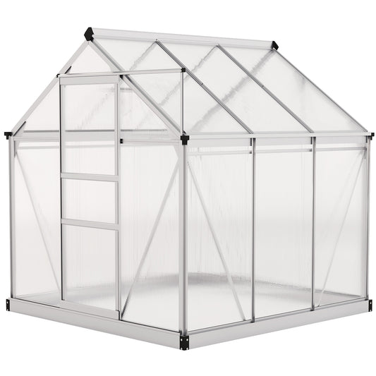 6' x 6' x 6.6' Polycarbonate Greenhouse, Walk-In Green House Kit Garden, Plants Grow, Galvanized Sheet Aluminum Frame with Rain Gutter, Vent and Sliding Door, Silver