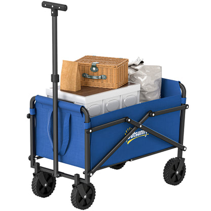 Small Collapsible Folding Garden Cart, Heavy Duty Lawn Wagon with Universal Wheels and Adjustable Handle, Blue