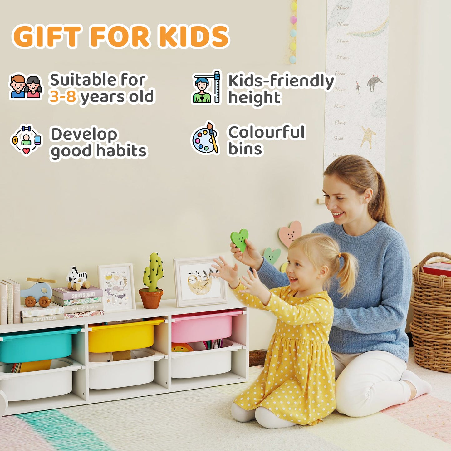 Qaba Kids Toy Storage Organizer with 6 Removable Plastic Bins for Toddlers, Toy Box for Bedroom, Nursery, Playroom