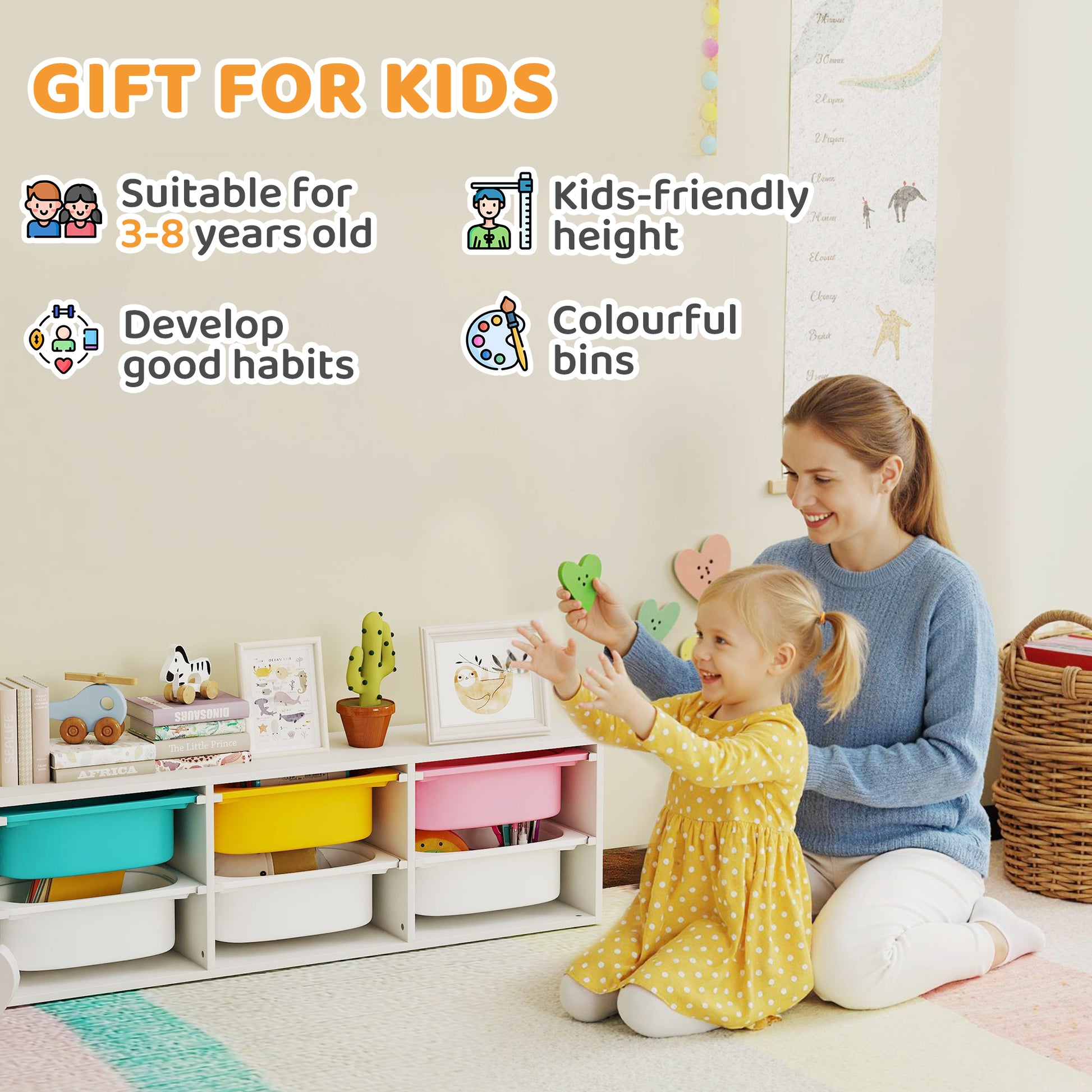 Qaba Kids Toy Storage Organizer with 6 Removable Plastic Bins for Toddlers, Toy Box for Bedroom, Nursery, Playroom