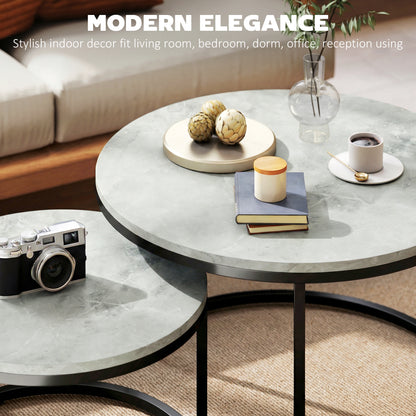 Modern Coffee Table Set of 2, Nesting Side Tables w/ Metal Base for Living Room Bedroom Office Marble Grey