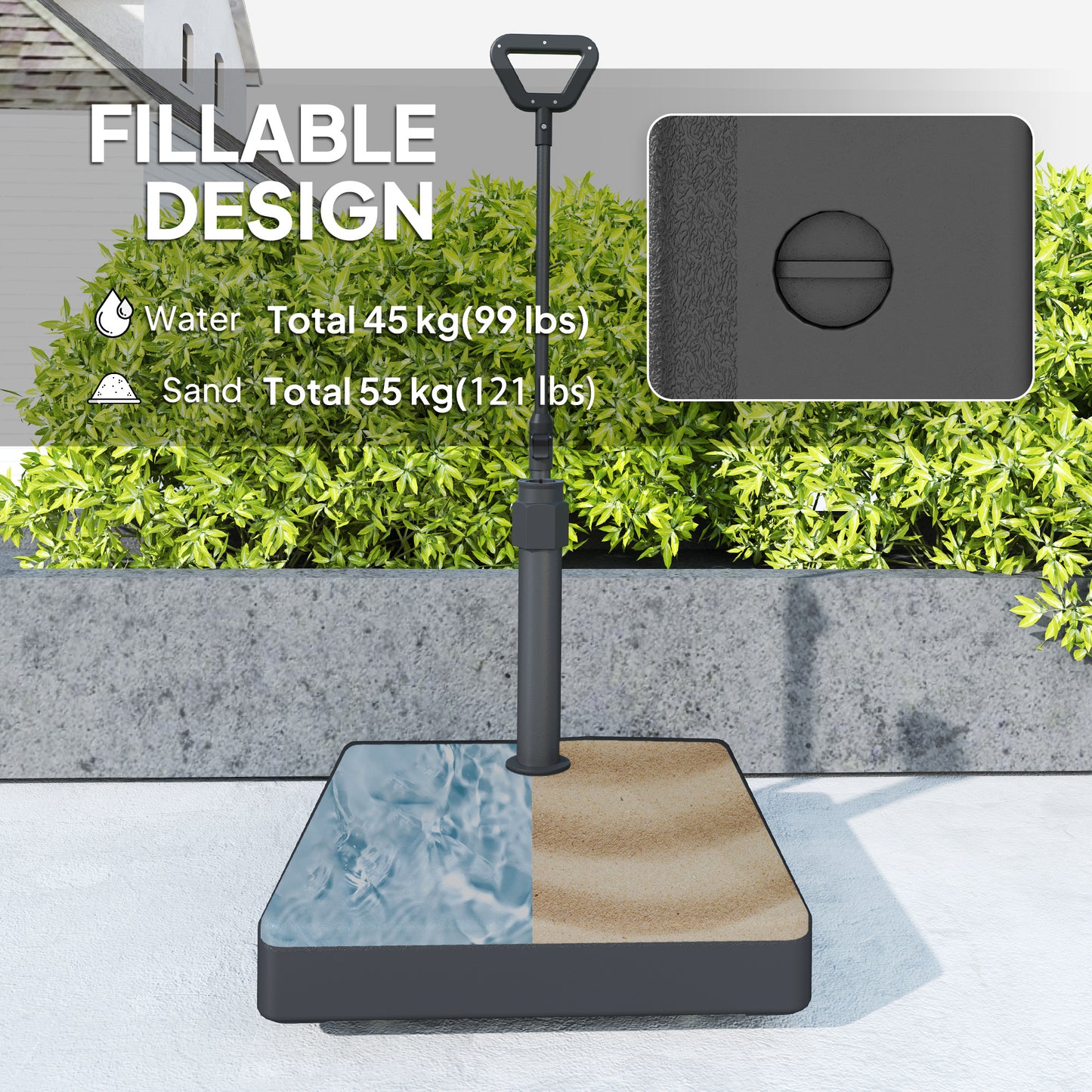Square Plastic Patio Umbrella Base with Adjustable Wheels, Handle, Outdoor Patio Umbrella Stand, Filled Up to 121lb with Stand, 99lb with Water for Garden Poolside, Black