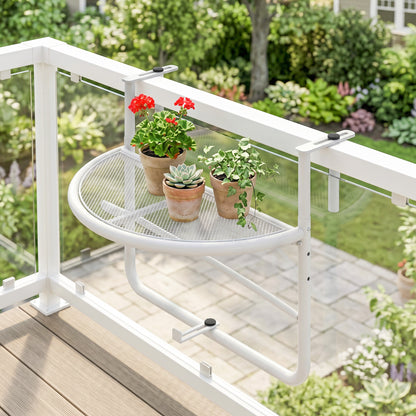 Adjustable Balcony Hanging Railing Table, Metal Mounting Mini Wall Desk Storage Rack, Outdoor Flower Stand Serving Table Half Round, White