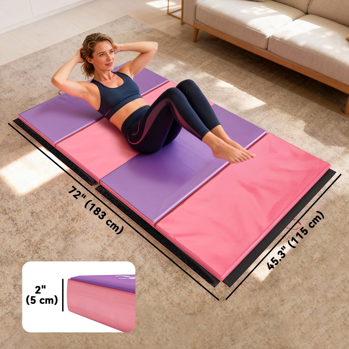 Soozier 4'x6'x2'' Folding Gymnastics Tumbling Mat, Exercise Mat with Carrying Handles for Yoga, MMA, Martial Arts, Stretching, Core Workouts, Pink and Purple