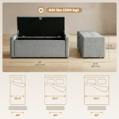 Storage Ottoman Bench, Linen-Look Fabric Upholstered Ottoman with Storage, Wide Padded Seat, Light Grey