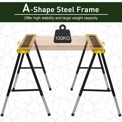 Saw Horse Twin Pack Folding Workbench Adjustable Metal Trestle Stands Yellow