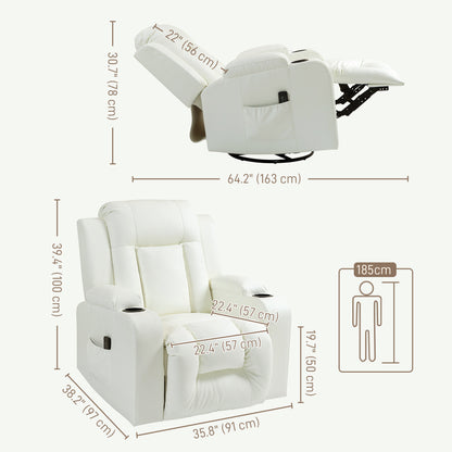 Swivel Massage Recliner Sofa, Overstuffed Manual Reclining Sofa, PU Leather Rocking Chair with Side Pockets, Cup Holders, for Living Room, Nursery, Cream White