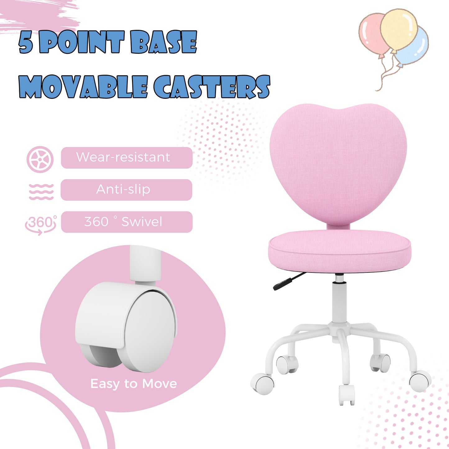 Heart Love Shaped Back Design Office Chair with Adjustable Height, Pink