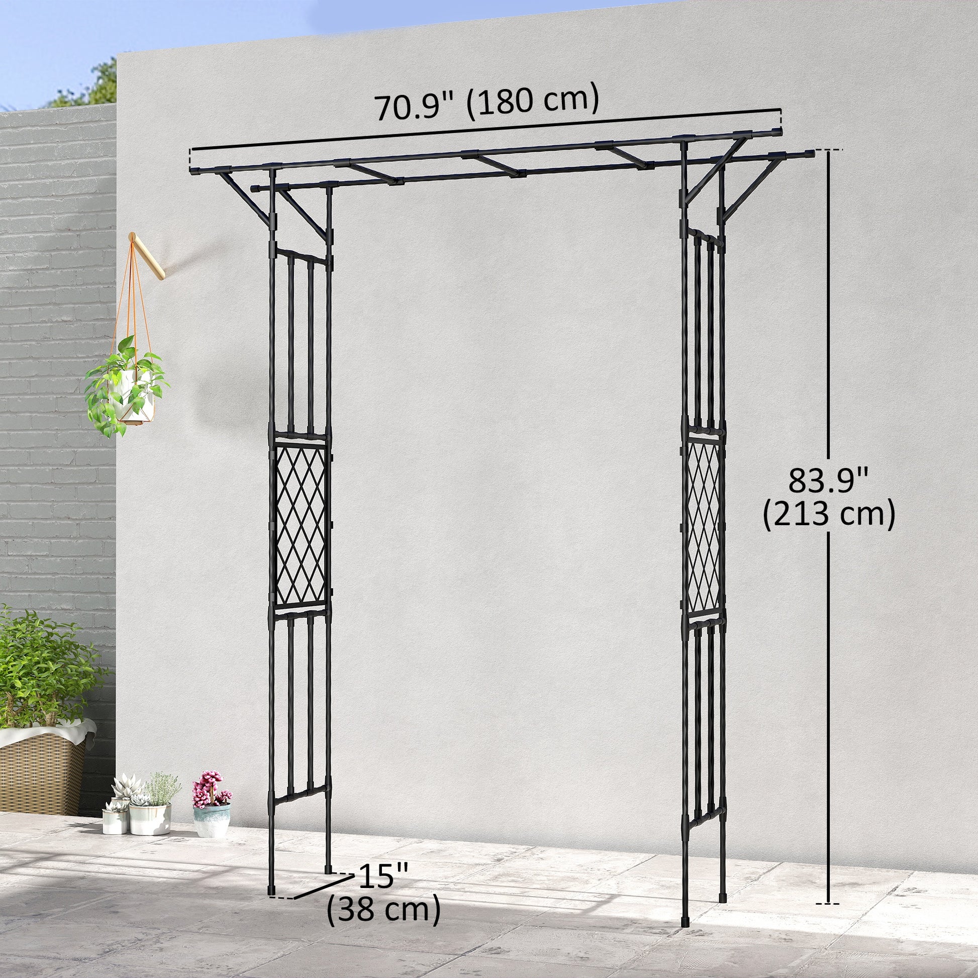 Garden Arch, PE-Coated Steel Outdoor Trellis Arbor for Climbing Plants, Wedding Arch, 70.9" x 15.7" x 84.6", Black