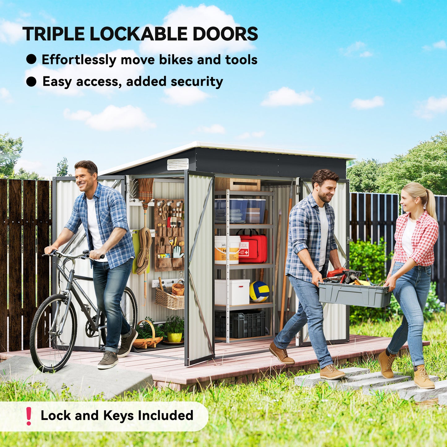 7.5' x 4.3' Outdoor Storage Shed, Waterproof Metal Garden Shed with Lockable Doors, for Backyard, Lawn, Patio, Dark Grey