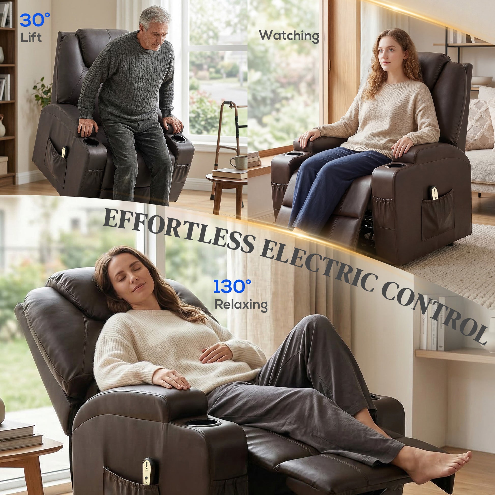 Power Lift Recliner Chair for Elderly, PU Leather Lift Chair with Thick and High Back, Footrest, Remote, Side Pockets, Cup Holders, Reclining Sofa for Living Room, Black