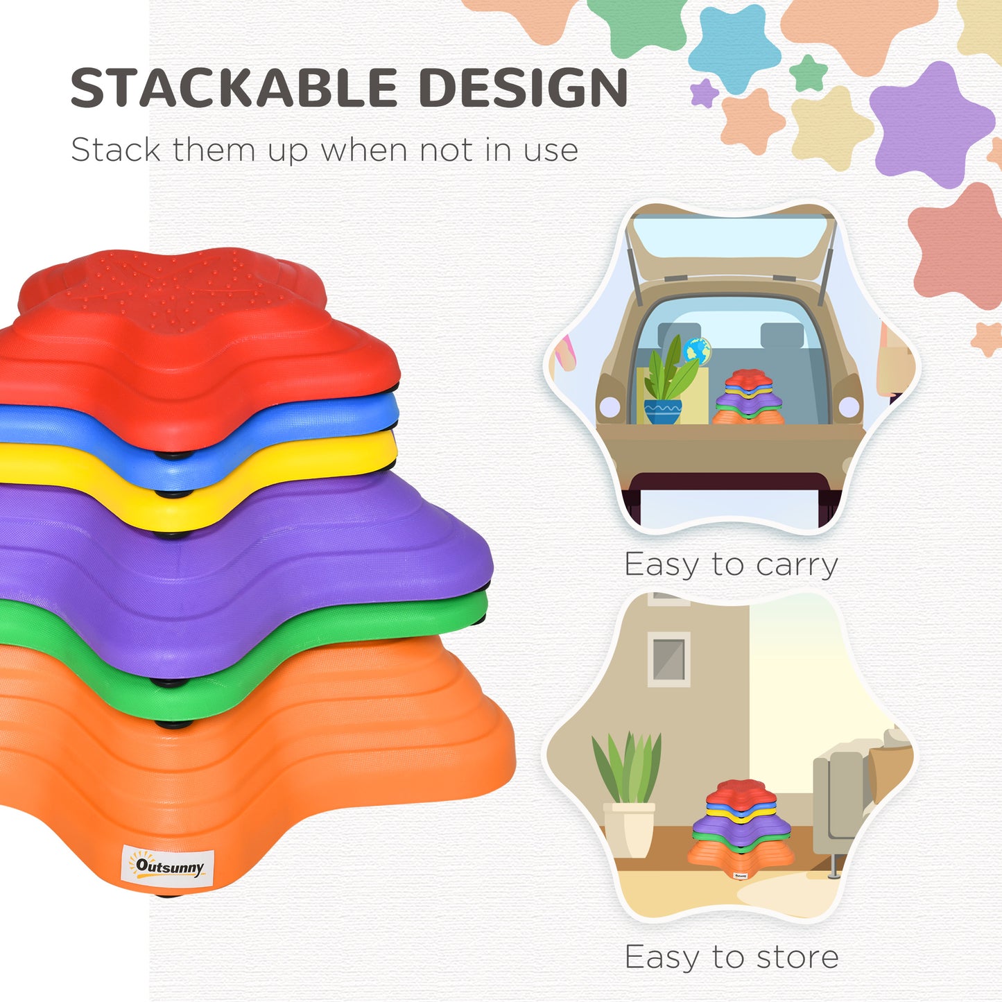 6PCs Larger Size Balance Stepping Stones for Kids with Non-slip Bottom, Stackable Obstacle Course Outdoor Indoor, Play River Rocks with Starfish Style