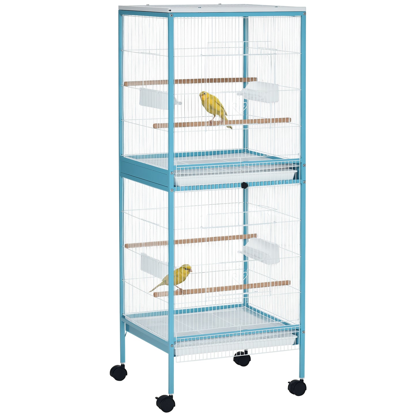 55.1" 2 In 1 Bird Cage Aviary Parakeet House for finches, budgies with Wheels, Slide-out Trays, Wood Perch, Food Containers, Light Blue