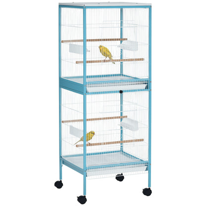 55.1" 2 In 1 Bird Cage Aviary Parakeet House for finches, budgies with Wheels, Slide-out Trays, Wood Perch, Food Containers, Light Blue