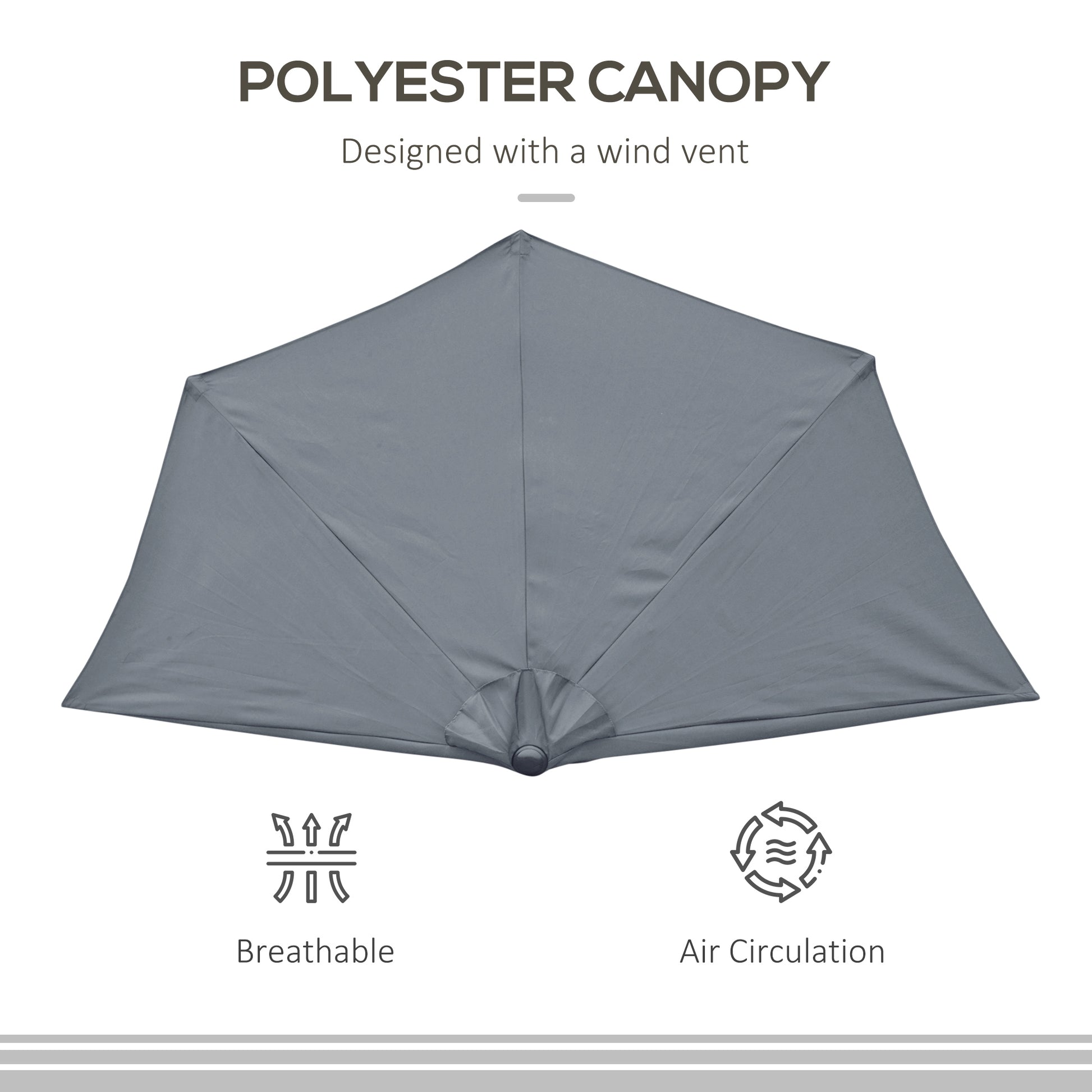 9ft Half Round Patio Umbrella, Outdoor Market Patio Table Umbrella Parasol with Crank Mechanism, 5 Ribs, Grey