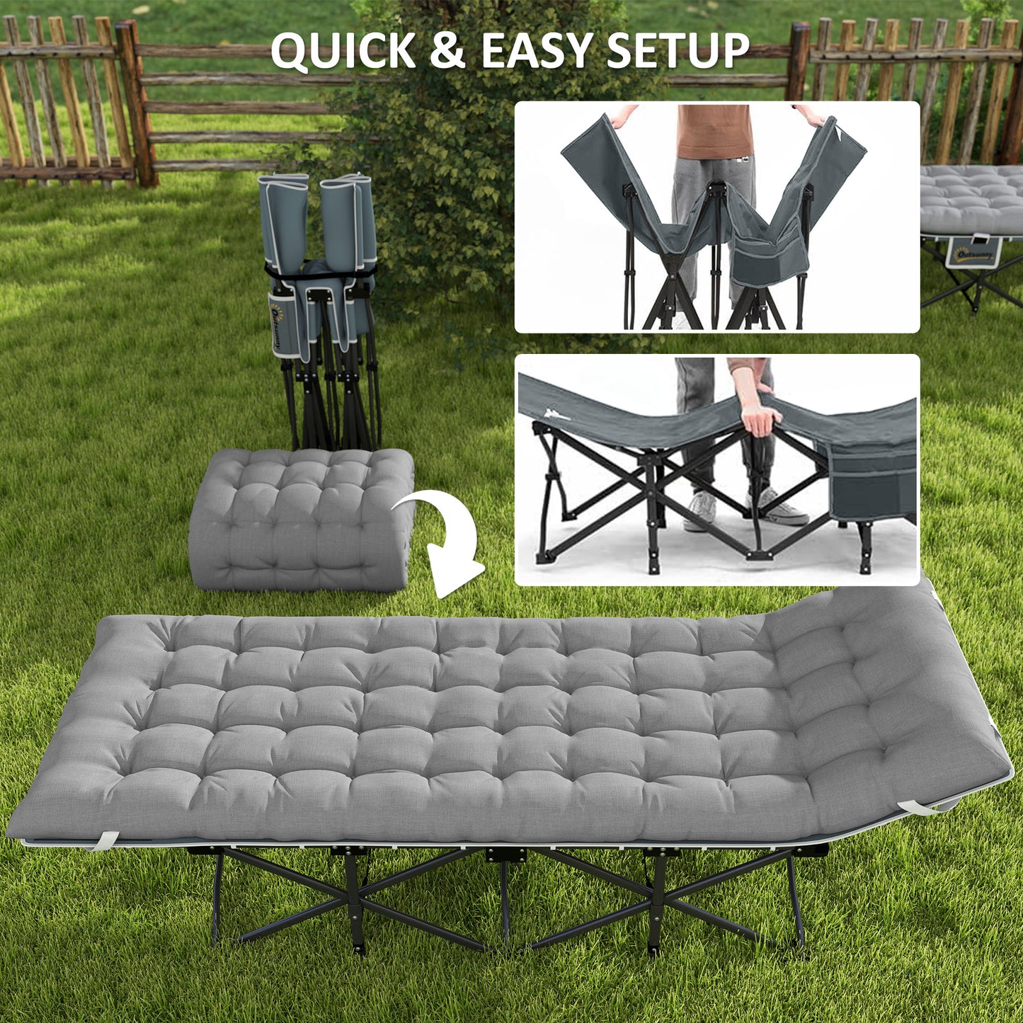 25.6" Wide Folding Bed, Camping Cot for Adults with Mattress, Carry Bag, Storage Pocket, Max Load 330 LBS, Light Grey