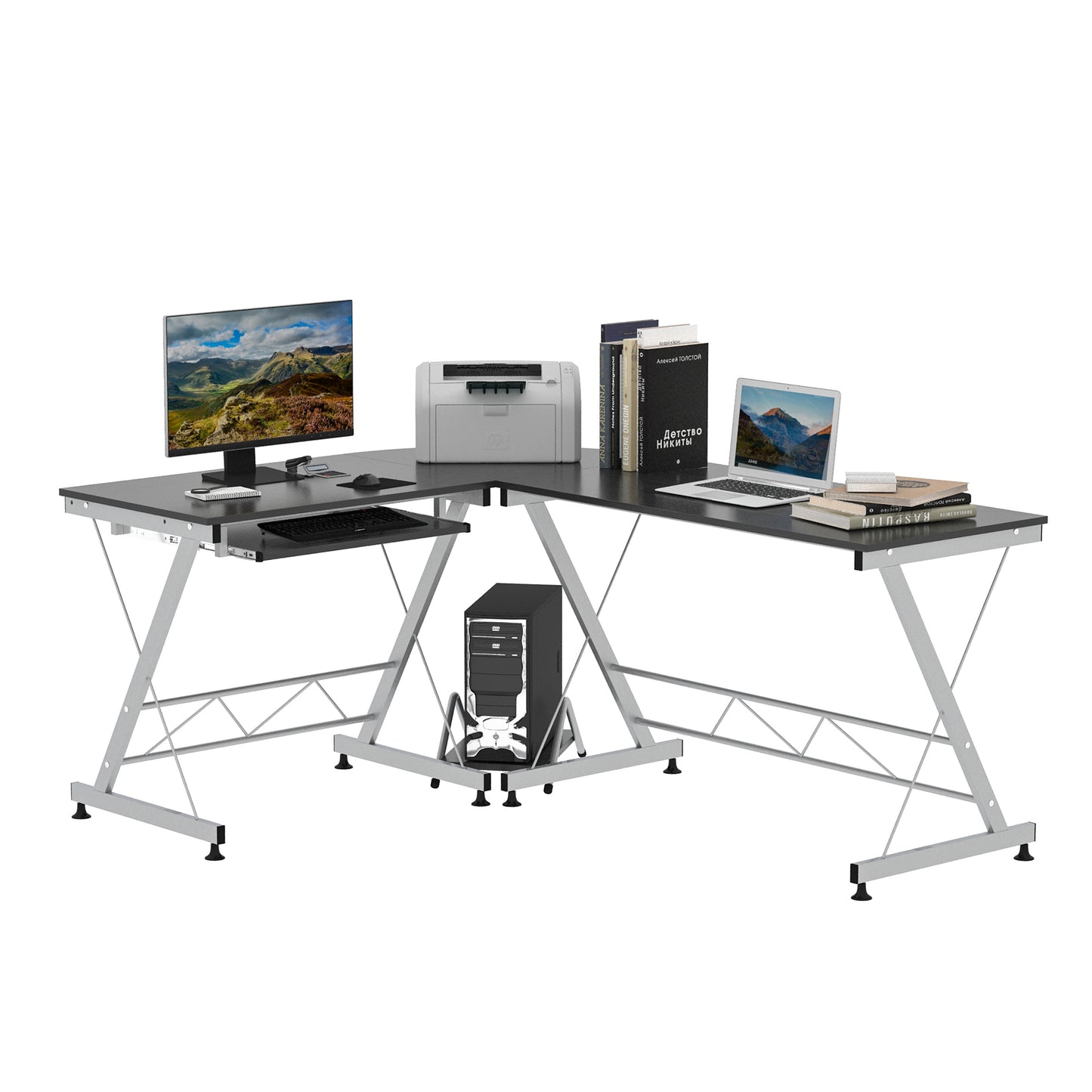 L-Shaped Computer Desk, Corner Table with Keyboard Tray for PC Laptop Desktop, Workstation Stand Home Office Furniture