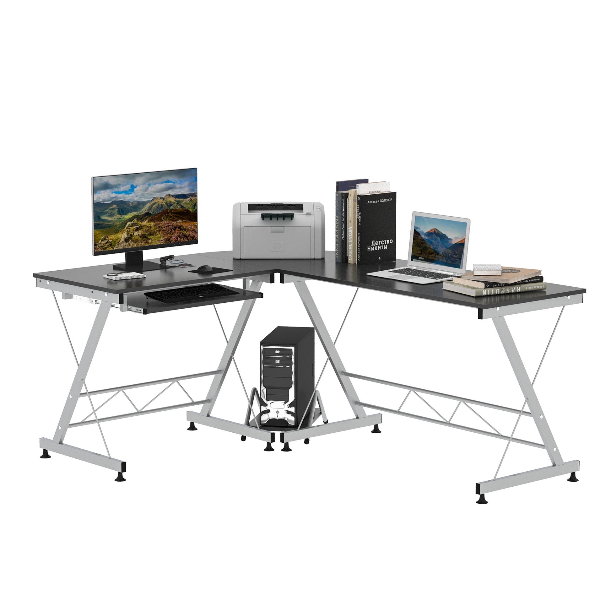 L-Shaped Computer Desk, Corner Table with Keyboard Tray for PC Laptop Desktop, Workstation Stand Home Office Furniture