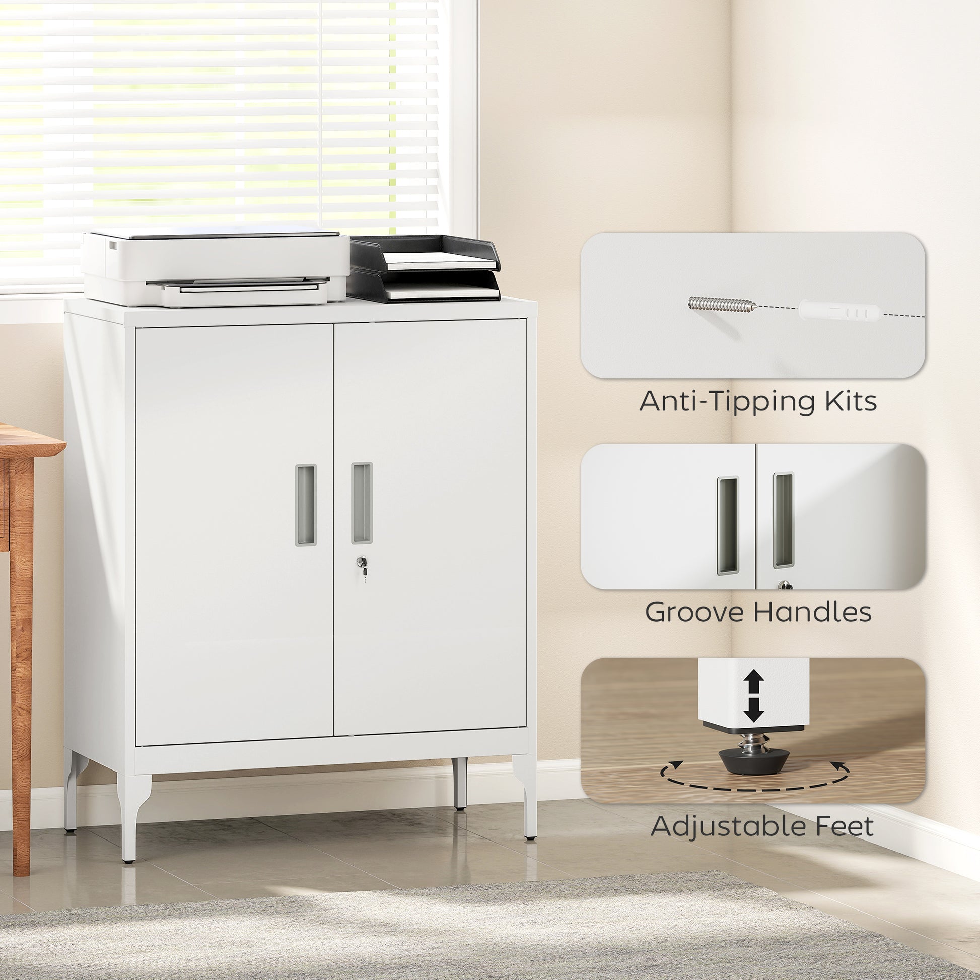 Office Storage Cabinet with Lock, Filing Cabinet with Adjustable Shelves and Doors for Home Office, Garage, White