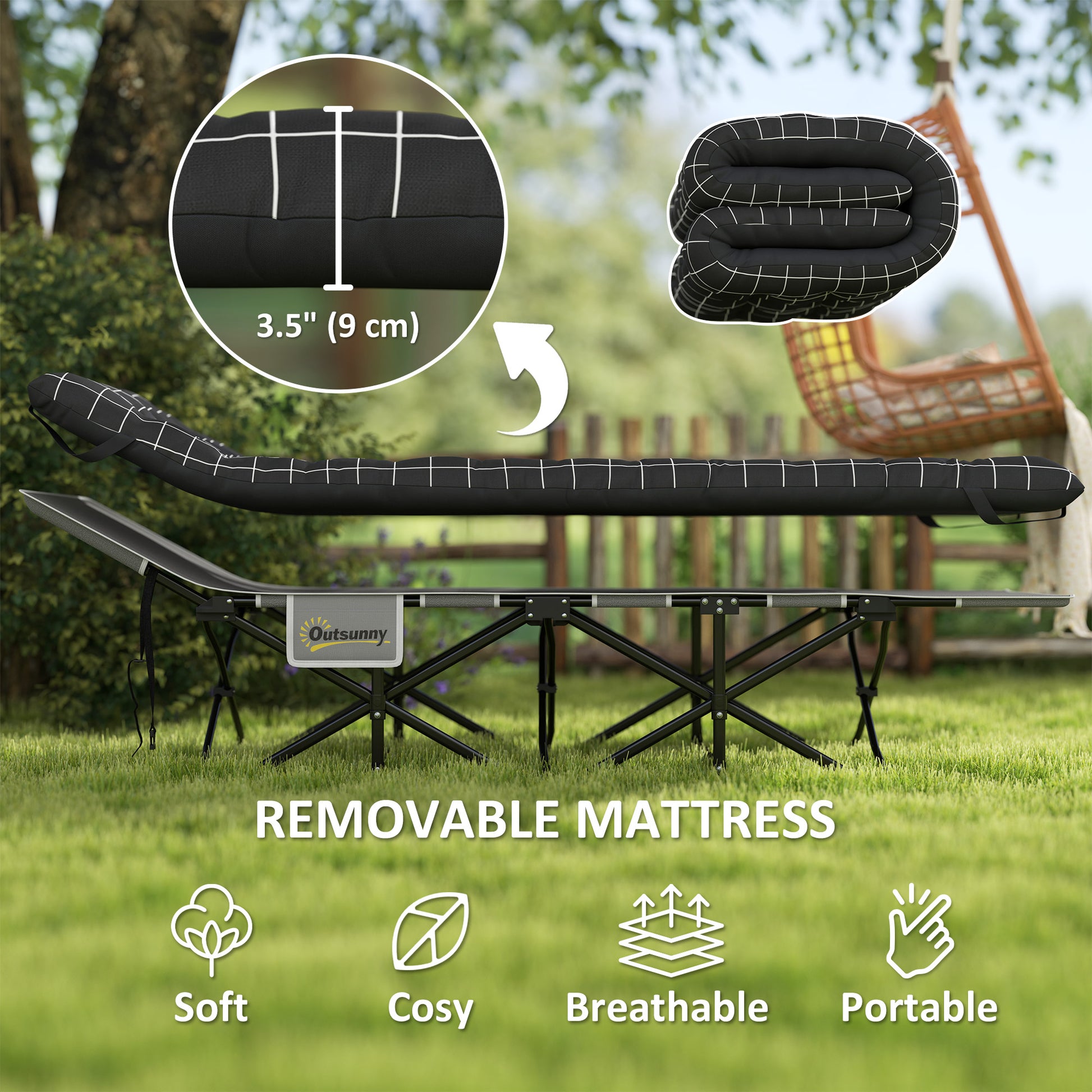 26.4" Wide Folding Bed, Camping Cot for Adults with Mattress, Storage Pocket, Carry Bag, Max Load 330 LBS, Black