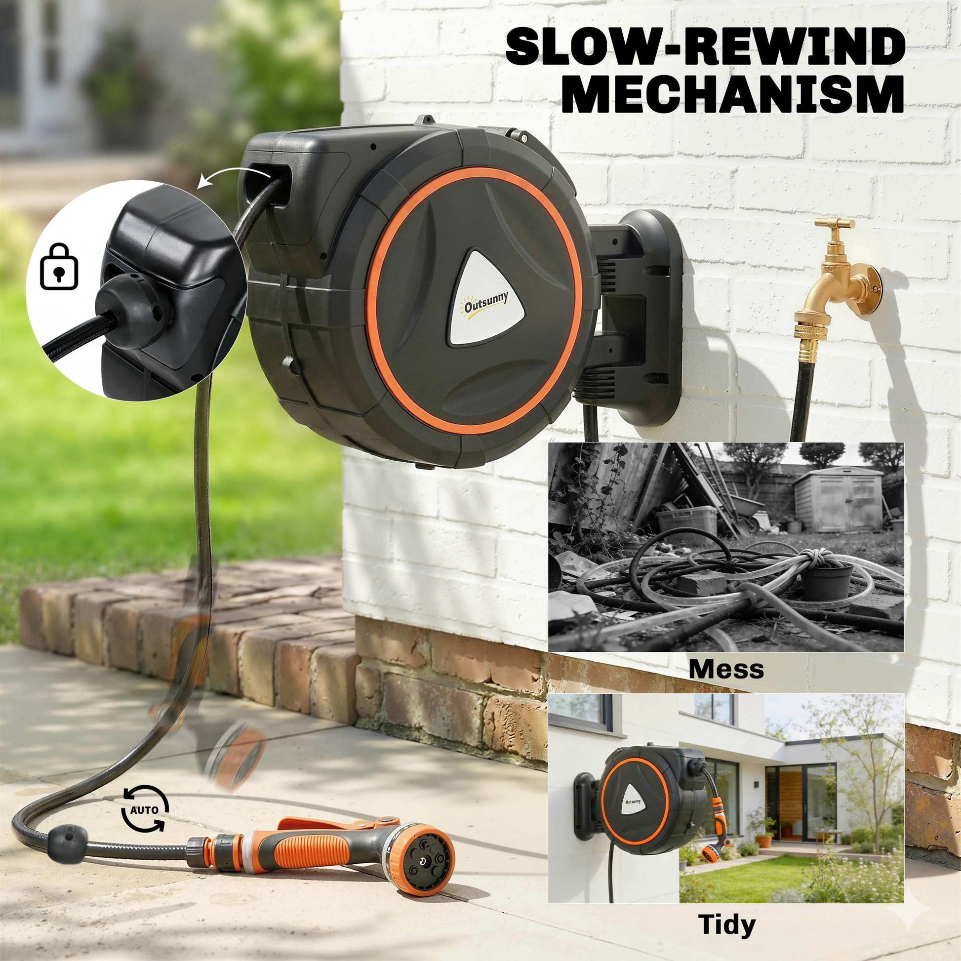 Retractable Garden Hose Reel, 1/2"x75.5ft Wall Mounted Hose Reel with 12-Pattern Nozzles, Auto Retraction, Self-Locking