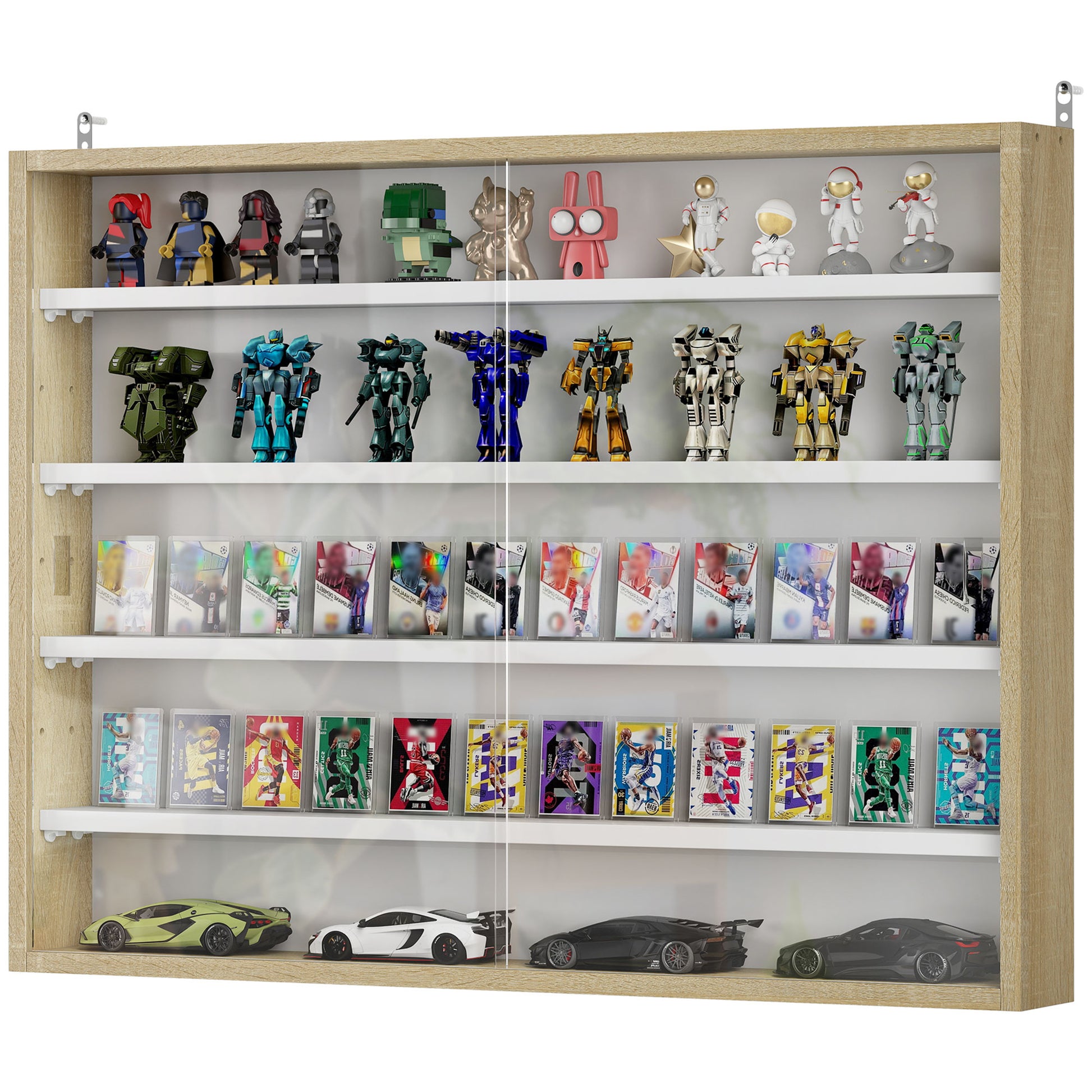 5-Tier Display Cabinet, Shot Glass Display Case, Glass Curio Cabinet with 2 Glass Doors and 4 Adjustable Shelves, Oak