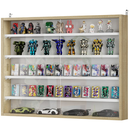 5-Tier Display Cabinet, Shot Glass Display Case, Glass Curio Cabinet with 2 Glass Doors and 4 Adjustable Shelves, Oak