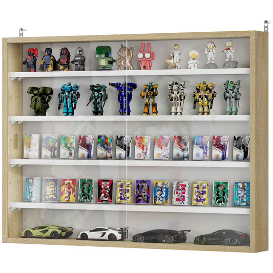 5-Tier Display Cabinet, Shot Glass Display Case, Glass Curio Cabinet with 2 Glass Doors and 4 Adjustable Shelves, Oak