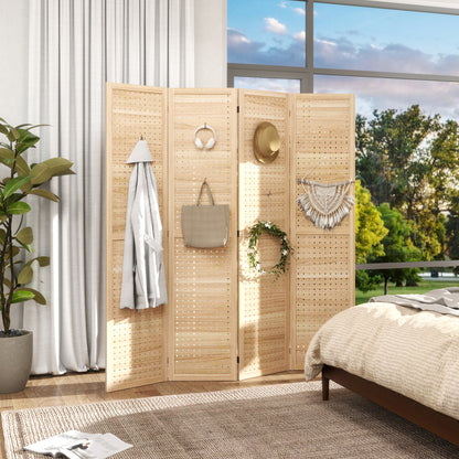 5.6 Ft. Tall 4-Panel Room Divider, Pegboard Panel Freestanding Folding Privacy Screen Panels, Partition Wall Divider for Indoor Bedroom Office, Natural