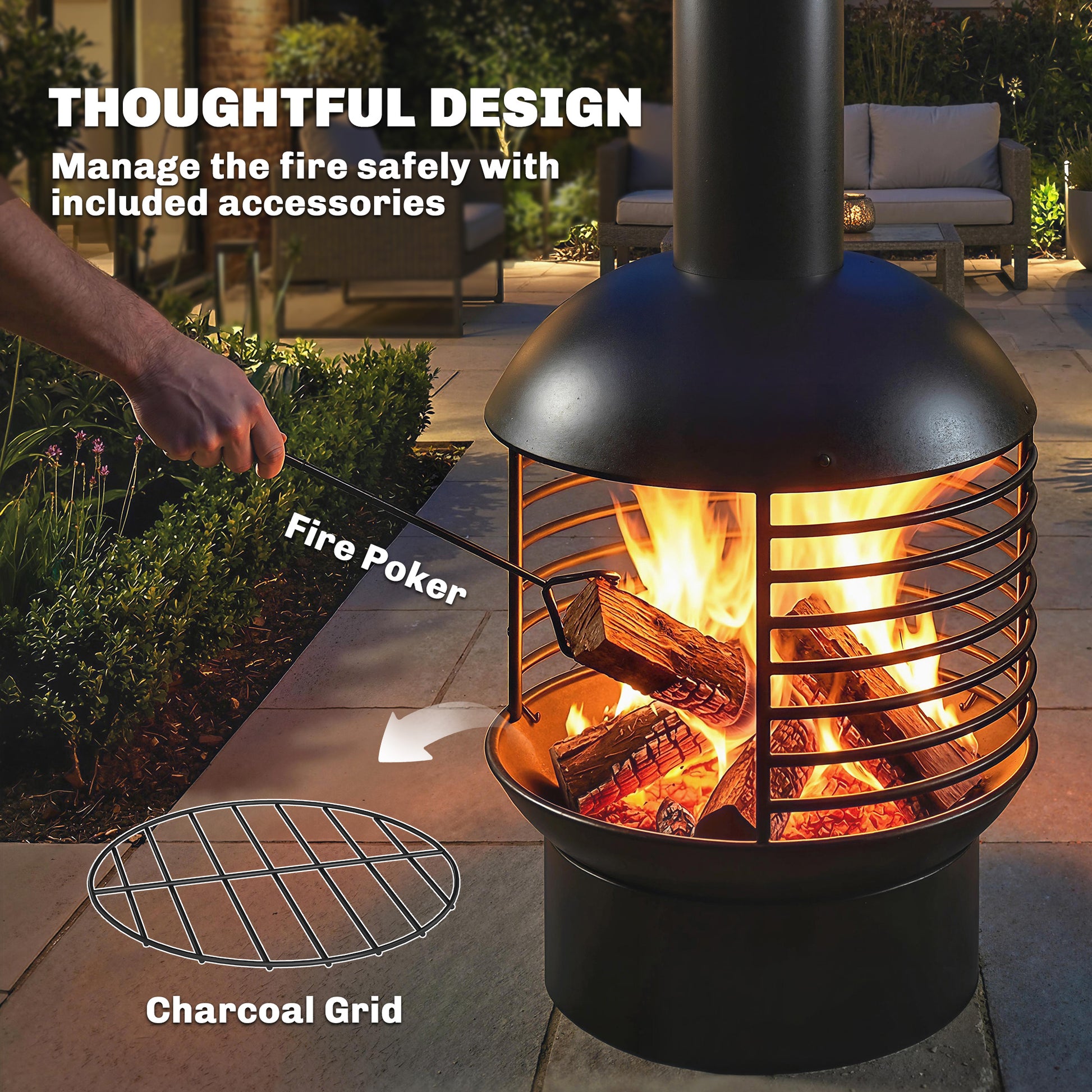Outdoor Fire Pit, Portable Wood Burning Firepit with Poker, Charcoal Grid, Modern Chimney Design Fireplace, Black