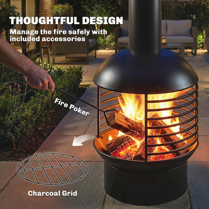 Outdoor Fire Pit, Portable Wood Burning Firepit with Poker, Charcoal Grid, Modern Chimney Design Fireplace, Black